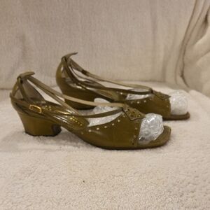 Michel Perry Olive Green Peep-Toe Slingback Heels